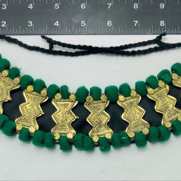 Green Vintage Choker Necklace, Handmade Afghan Metal Choker Tribal Green Choker - Picture 9 of 12